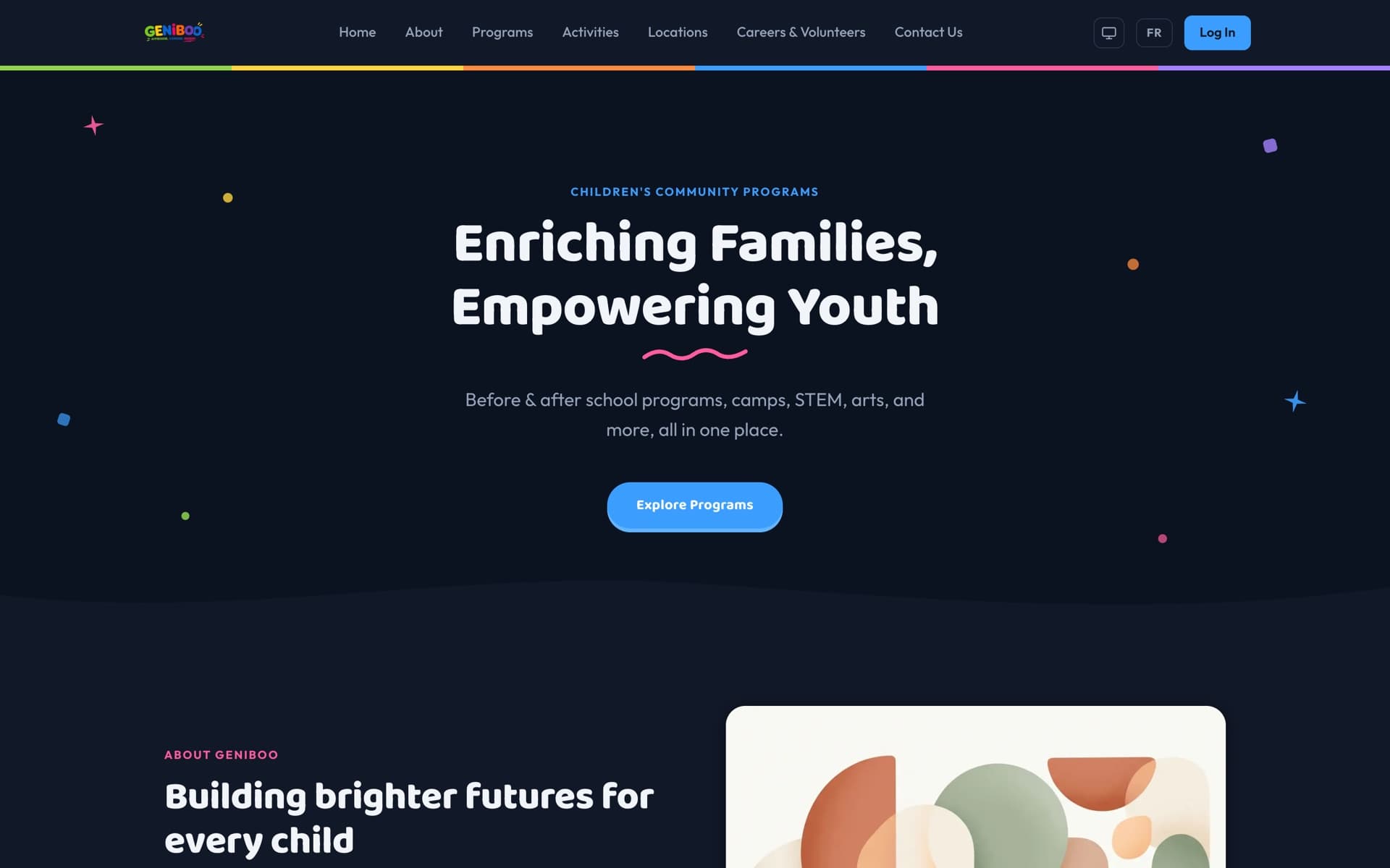 GENIBOO home page: 'Enriching Families, Empowering Youth' on a dark navy background.