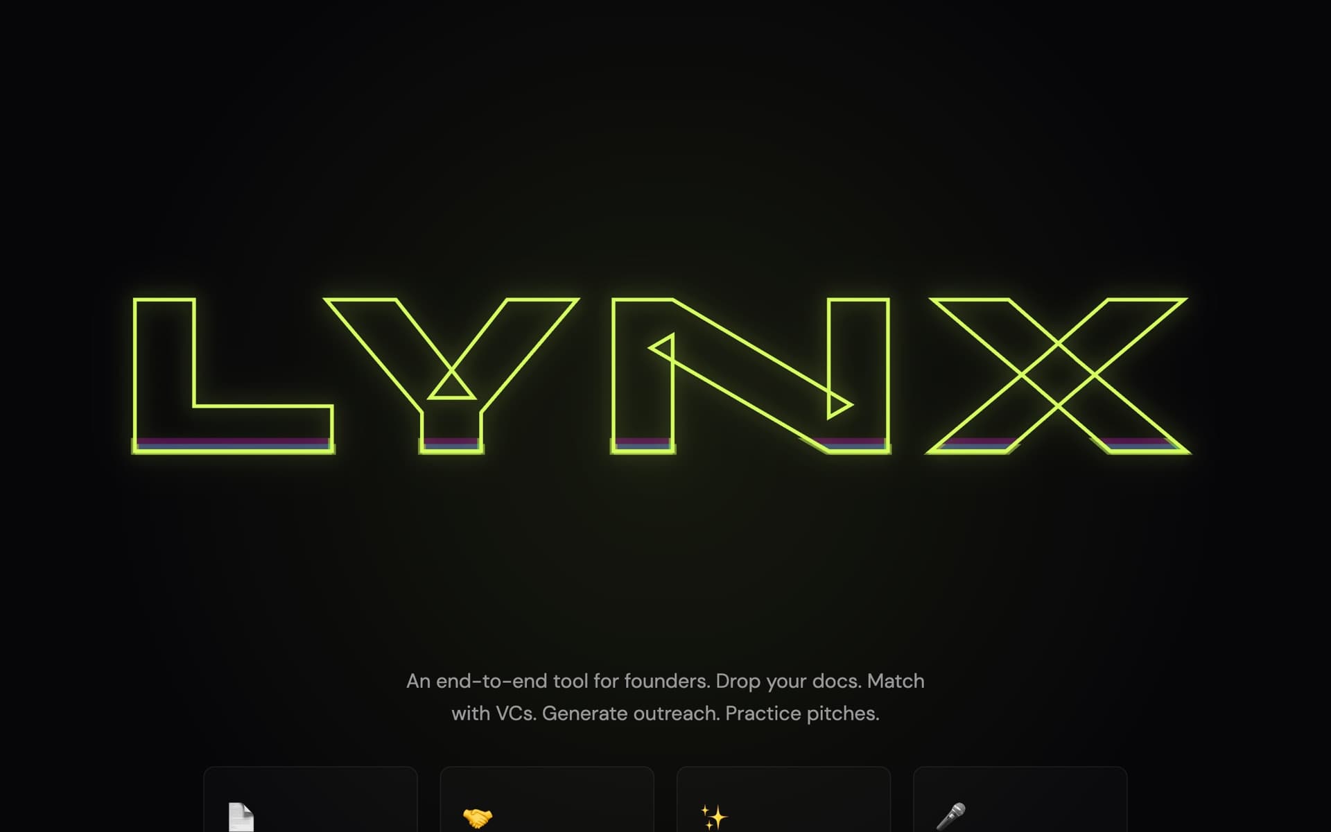 Lynx landing page: the word LYNX in glowing green outline letters on black.
